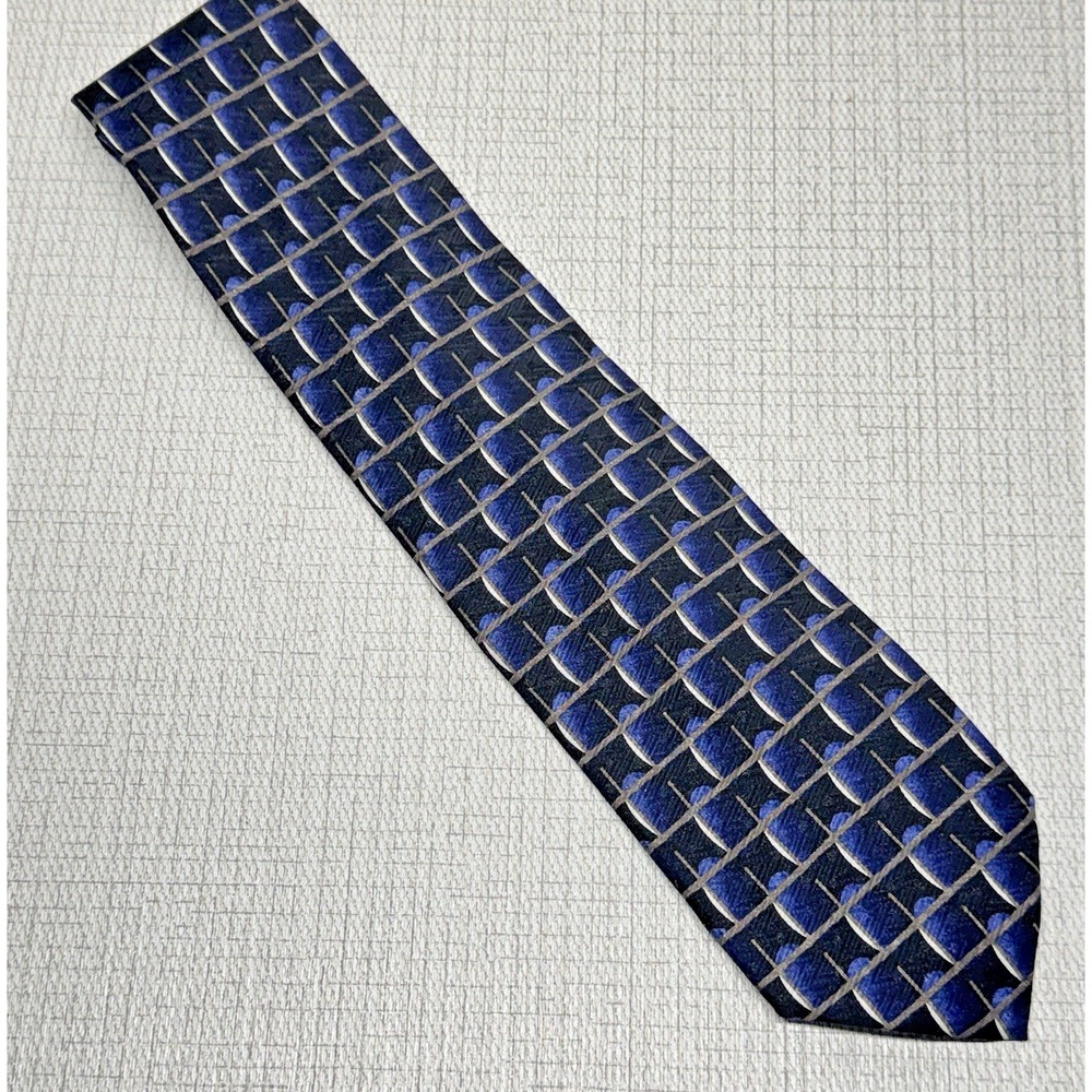 J.Z. Richards Silk Necktie Men OS Blue Geometric Grid Professional Dark Academia